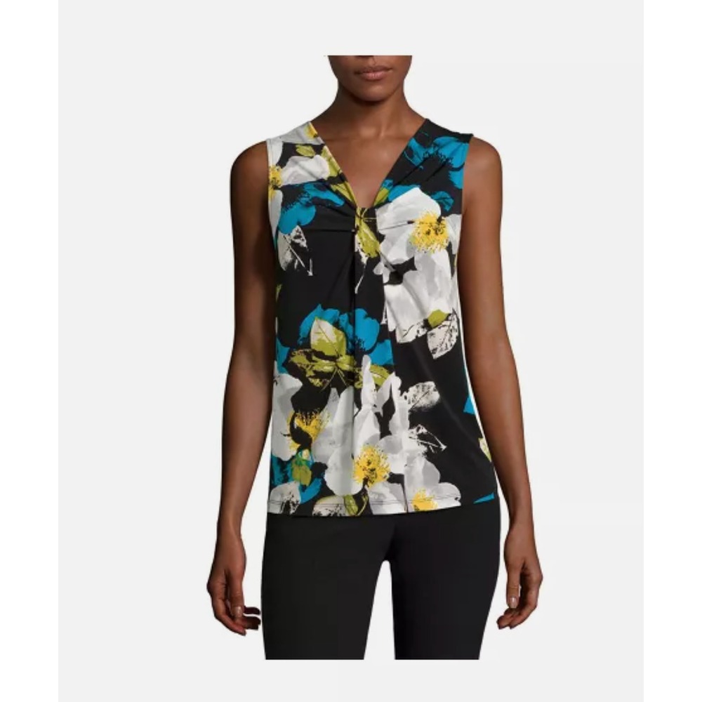 Worthington Sleeveless Knot-Neck Top Small Floral New Redondo‎ Black